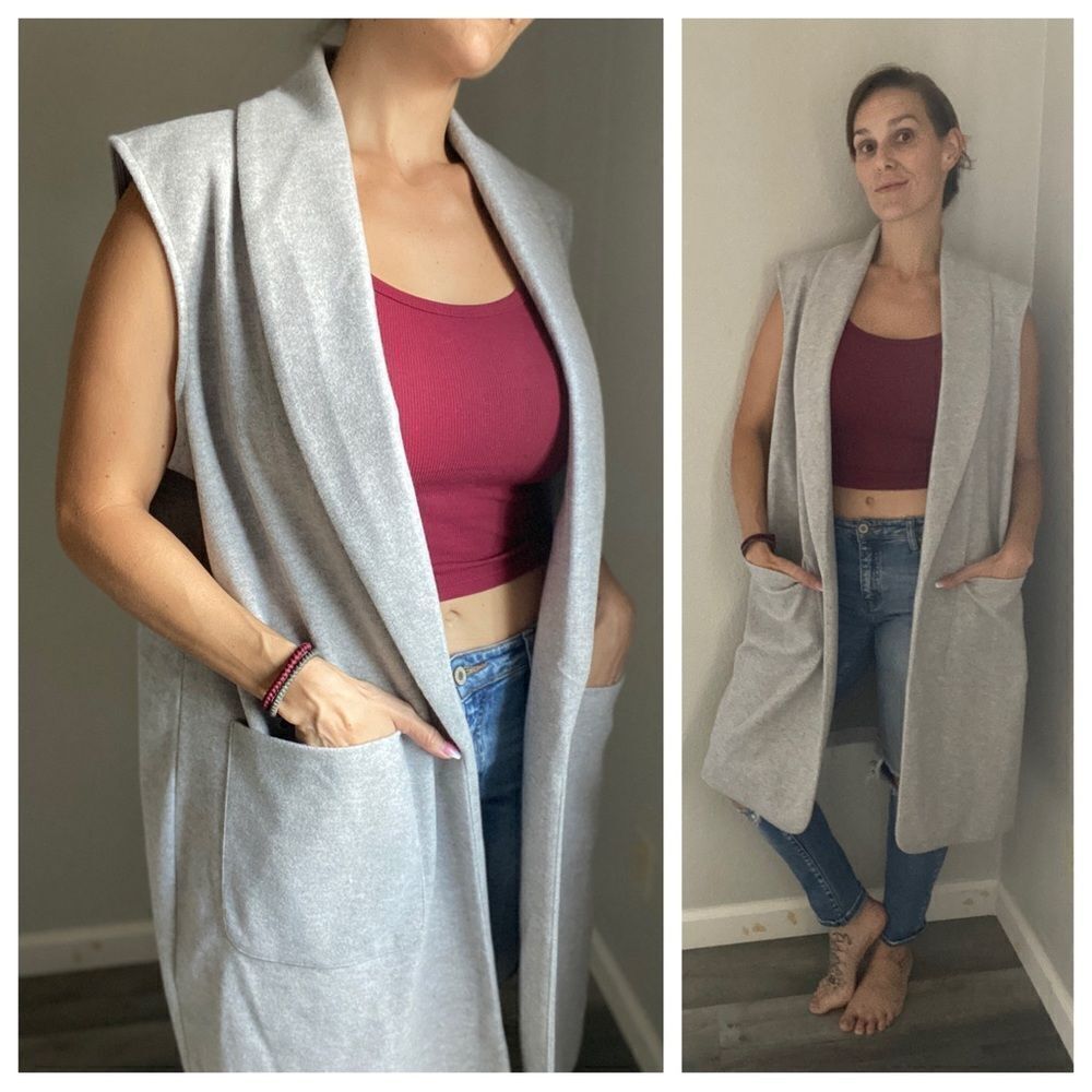 Joie Sleeveless Long Cardigan Pocket Vest Grey XL Minimalist Classy